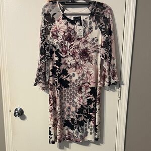 connected apparel Pink, Black and Cream Floral Bell-Sleeve Midi Dress
